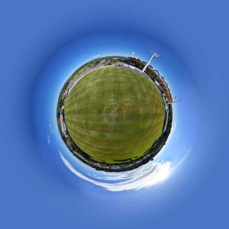 360 degree aerial panorama of a sports field and surrounding venue